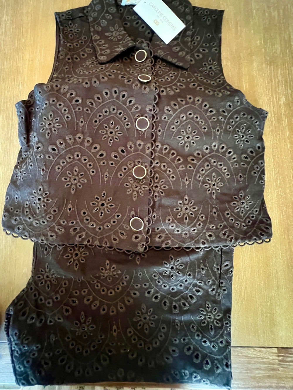 Caroline Constas NWT Brown Eyelet Embroidered Vest & Wide-Leg Pants Set Size L - Picture 2 of 6